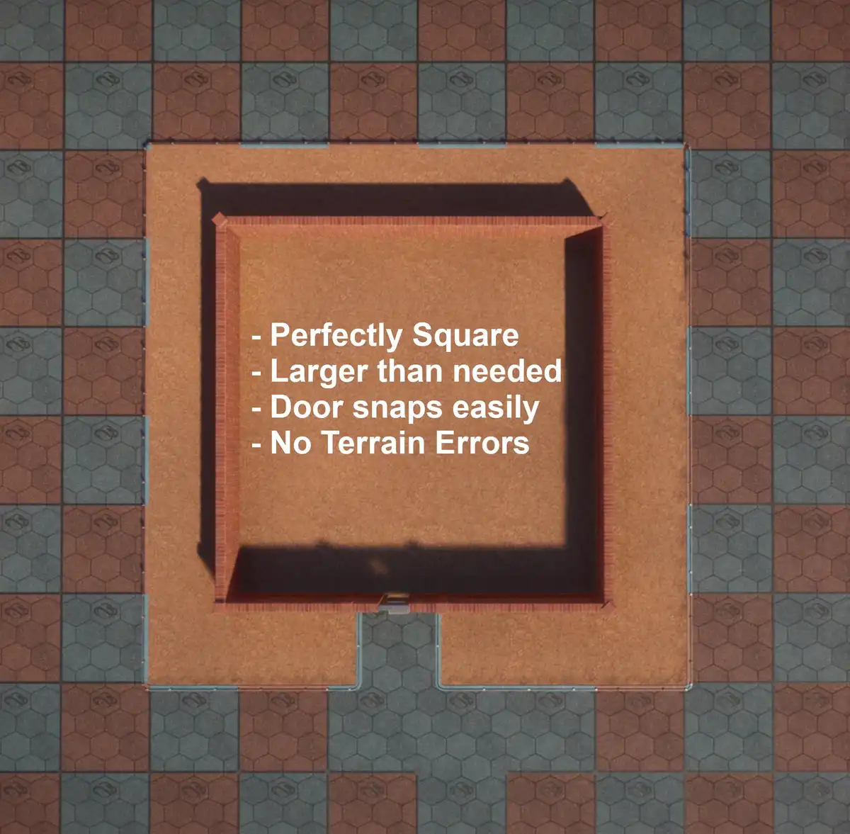 An overhead view of a square brick structure on a tiled floor, with white text listing its features: 'Perfectly Square'…