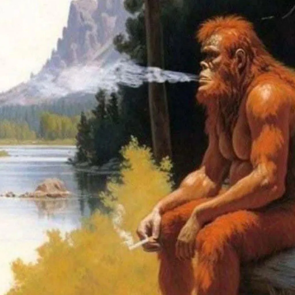 A painting depicts a large, hairy, orange-furred Bigfoot-like creature sitting by a lake, holding a cigarette and exhaling…