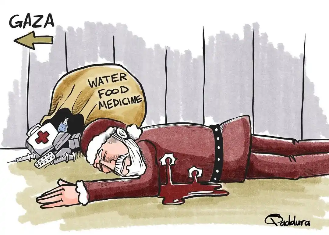 A cartoon depicts a weary, bloodied Santa Claus lying on the ground, his sack labeled 'WATER FOOD MEDICINE' spilled beside…