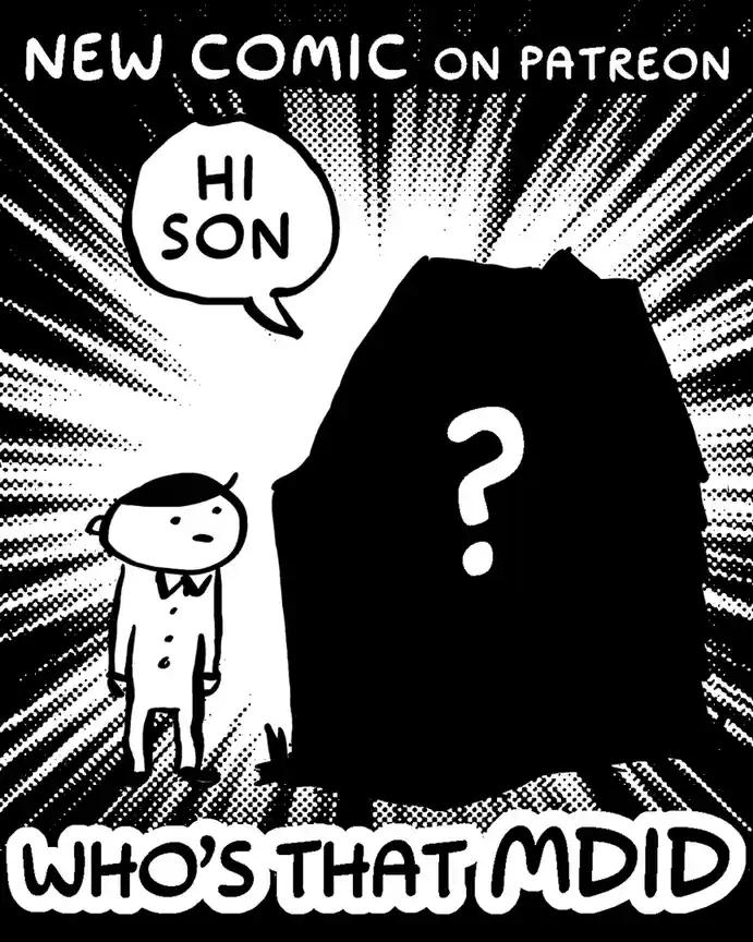 A black-and-white comic panel shows a small, surprised-looking boy in a suit facing a giant, shadowy figure with a question…