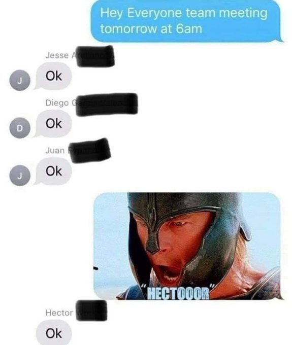 A screenshot of a text message thread shows a team leader announcing a 6am meeting, followed by several colleagues replying…