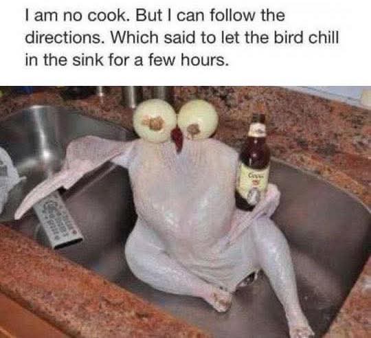 A raw, plucked chicken sits in a kitchen sink, humorously modified with two onions placed over its eyes to resemble glasses…