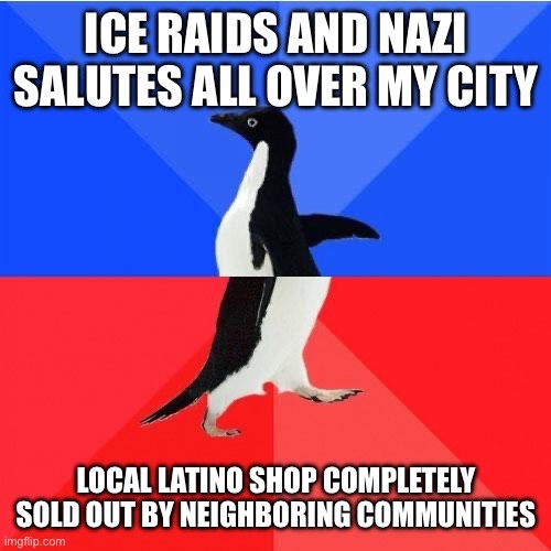 A black-and-white penguin stands centered against a blue-and-red background, with bold white text at the top reading 'ICE…