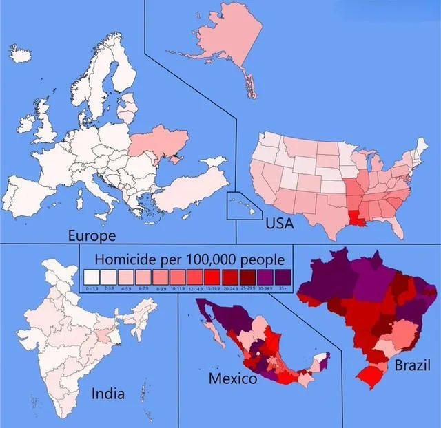 A map showing homicide rates per 100,000 people across Europe, the USA, India, Mexico, and Brazil, with color-coded regions…