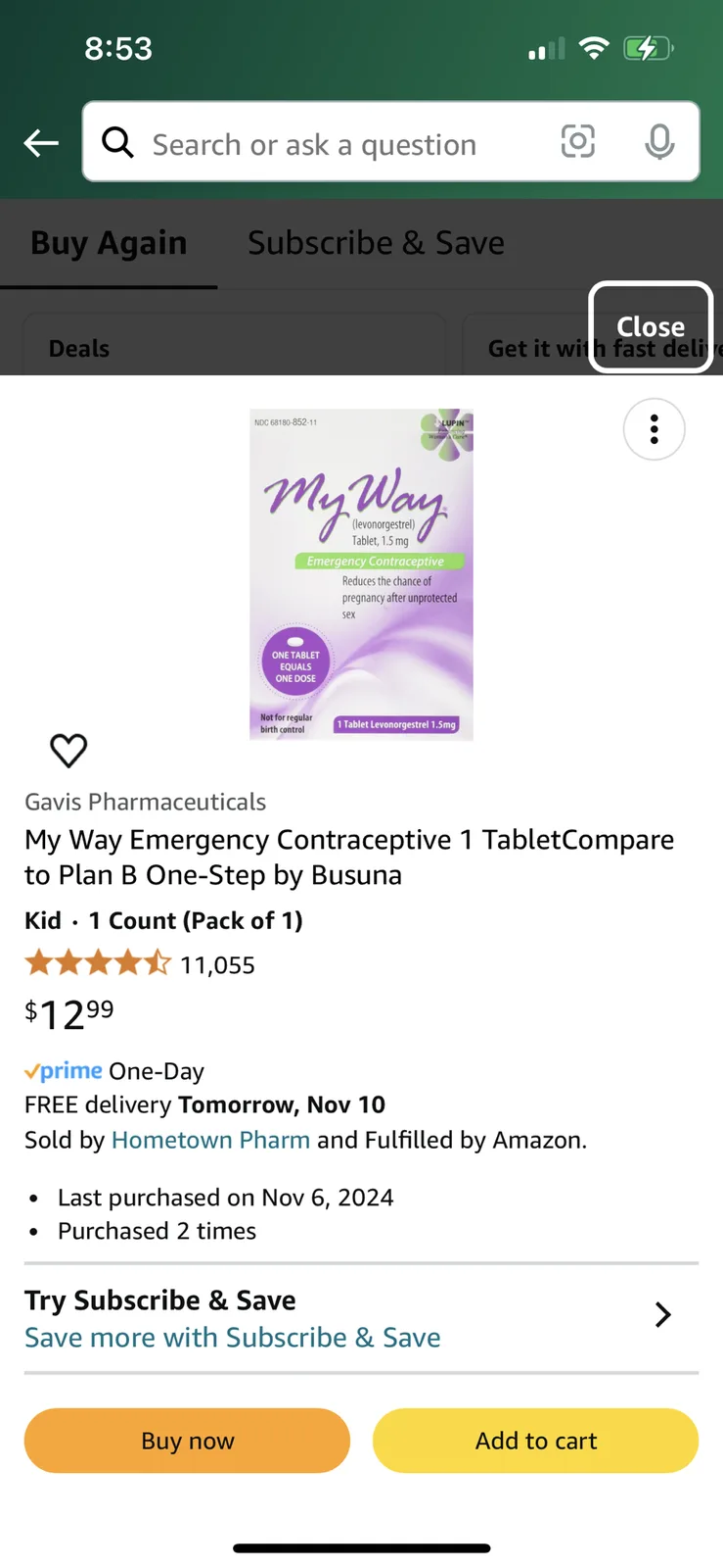 An Amazon product page for 'My Way Emergency Contraceptive 1 Tablet' by Gavis Pharmaceuticals, showing a price of $12.99, a…