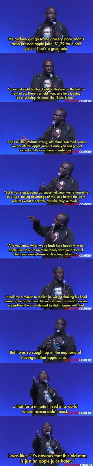 A series of stills from a stand-up comedy performance by a Black man on a blue stage, each showing him gesturing while…