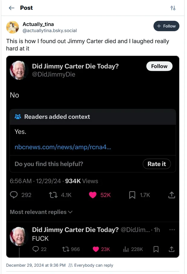 A screenshot of a social media post by 'Actually_tina' showing a tweet from 'Did Jimmy Carter Die Today?' that answers 'No'…
