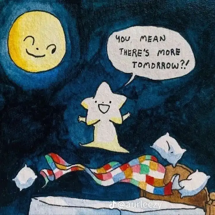 A hand-drawn illustration shows a smiling yellow moon in a dark blue night sky. Below it, a white star-shaped character with…