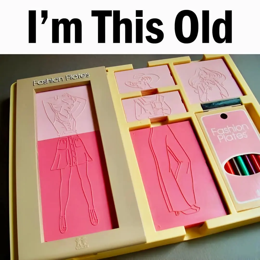 A vintage yellow plastic toy set labeled 'Fashion Plates' contains pink plastic plates with raised outlines of fashion…