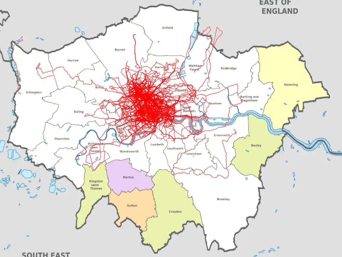 A map of Greater London and surrounding areas shows a dense, chaotic tangle of red lines concentrated in central London…