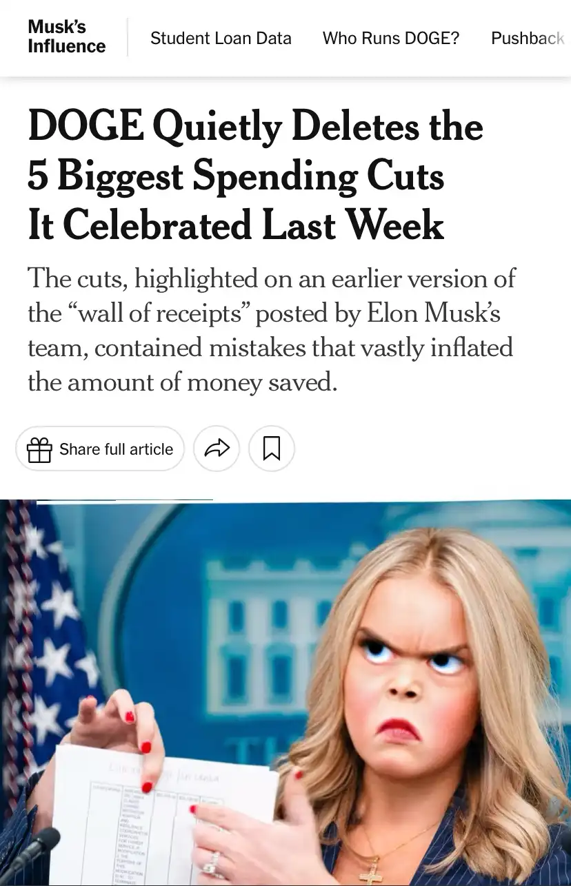 A screenshot of a news article with the headline 'DOGE Quietly Deletes the 5 Biggest Spending Cuts It Celebrated Last Week'…