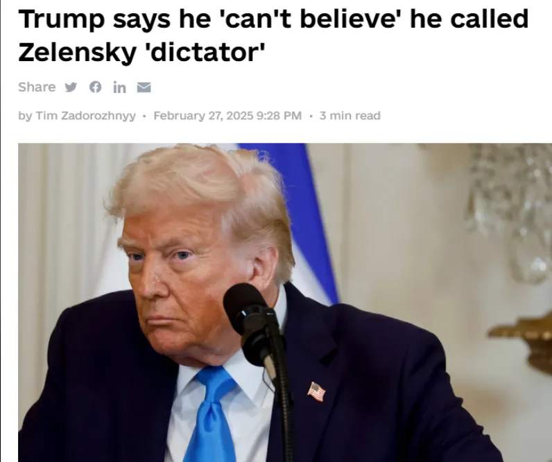 A screenshot of a news article header showing a photo of Donald Trump looking serious while speaking into a microphone, with…
