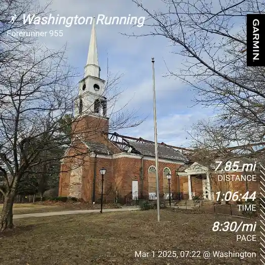 A screenshot of a Garmin Forerunner 955 running GPS watch displaying a completed 7.85-mile run in 1 hour 6 minutes 44…