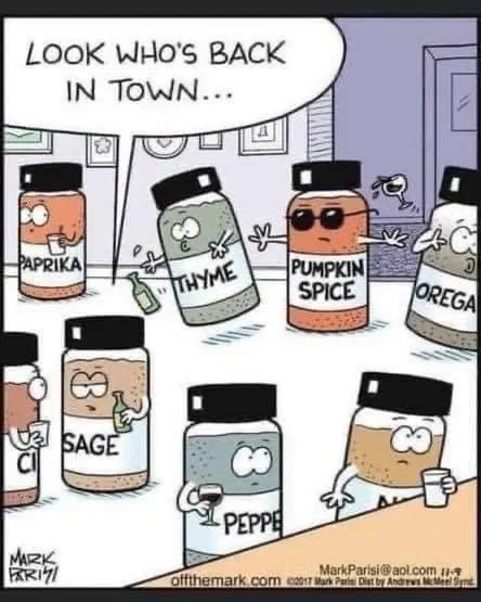 A cartoon depicts anthropomorphic spice jars with faces and expressions. One jar labeled 'PUMPKIN SPICE' wearing sunglasses…