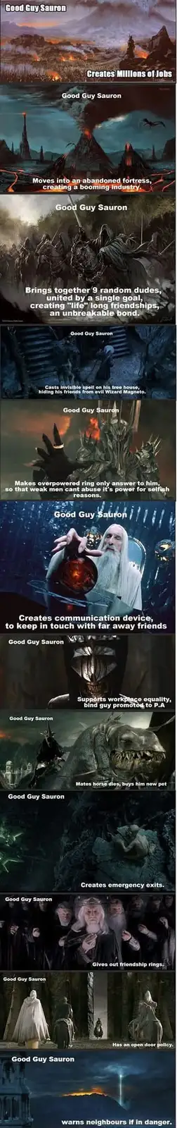 A vertical comic strip featuring Sauron from The Lord of the Rings, but reimagined as a 'Good Guy' with positive…