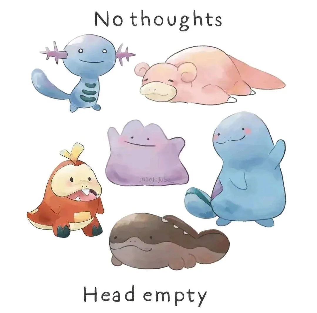 The image displays six cartoon-style Pokémon characters arranged in two rows. The top row has a blue, spiky Pokémon and a…