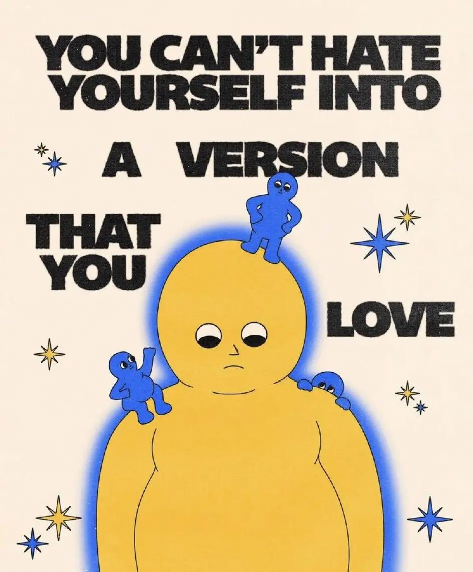 A large yellow cartoon figure with a sad expression has three smaller blue cartoon figures perched on its head and…