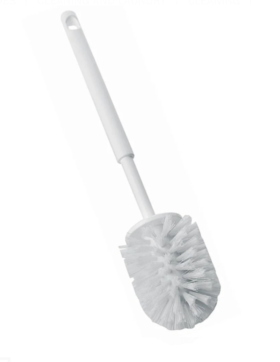 A white toilet brush with a long handle and bristles is shown against a plain white background. The overlaid text reads…