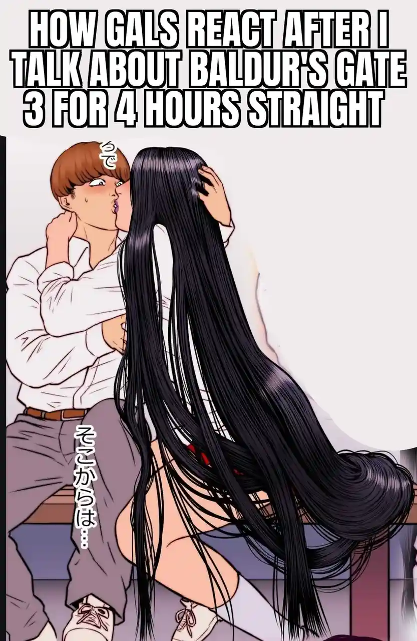 An anime-style illustration shows a man with brown hair passionately kissing a woman with long black hair from behind. The…