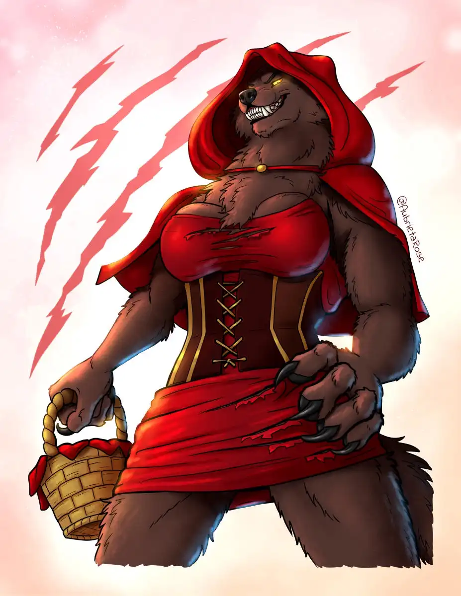 A muscular, anthropomorphic brown wolf wearing a torn red dress and hood, holding a basket, with red lightning bolts behind…