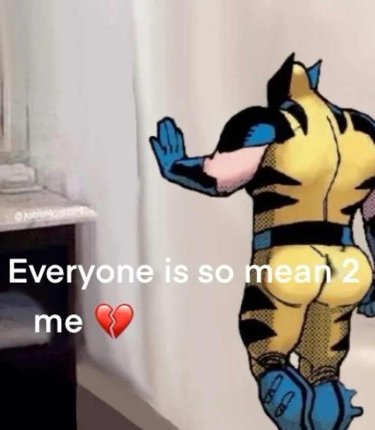 A cartoon image of the superhero Wolverine, viewed from behind, standing in front of a white shower curtain. His right hand…