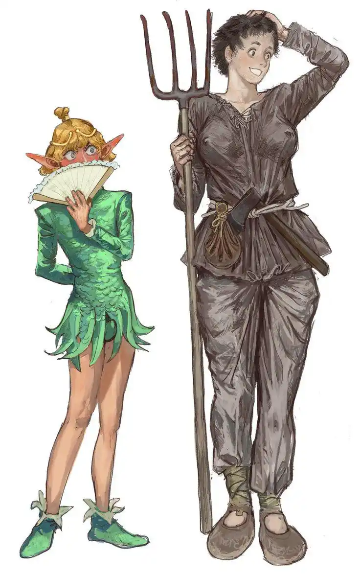 An illustration shows two characters: a small elf in a green scale-like dress holding a fan to her face, and a larger person…