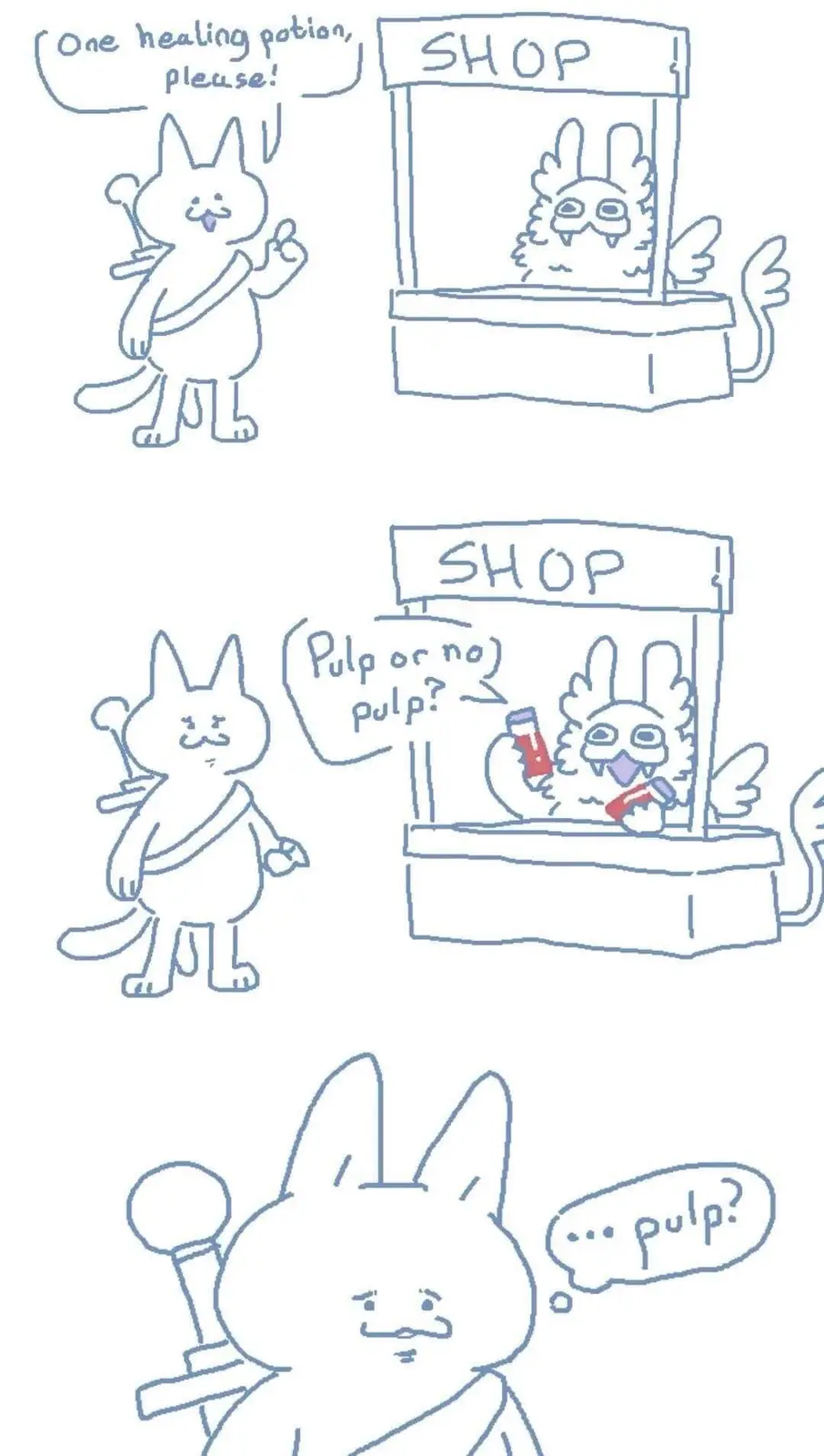 A three-panel comic shows a cat-like adventurer asking a shopkeeper for a healing potion. The shopkeeper offers two bottles…