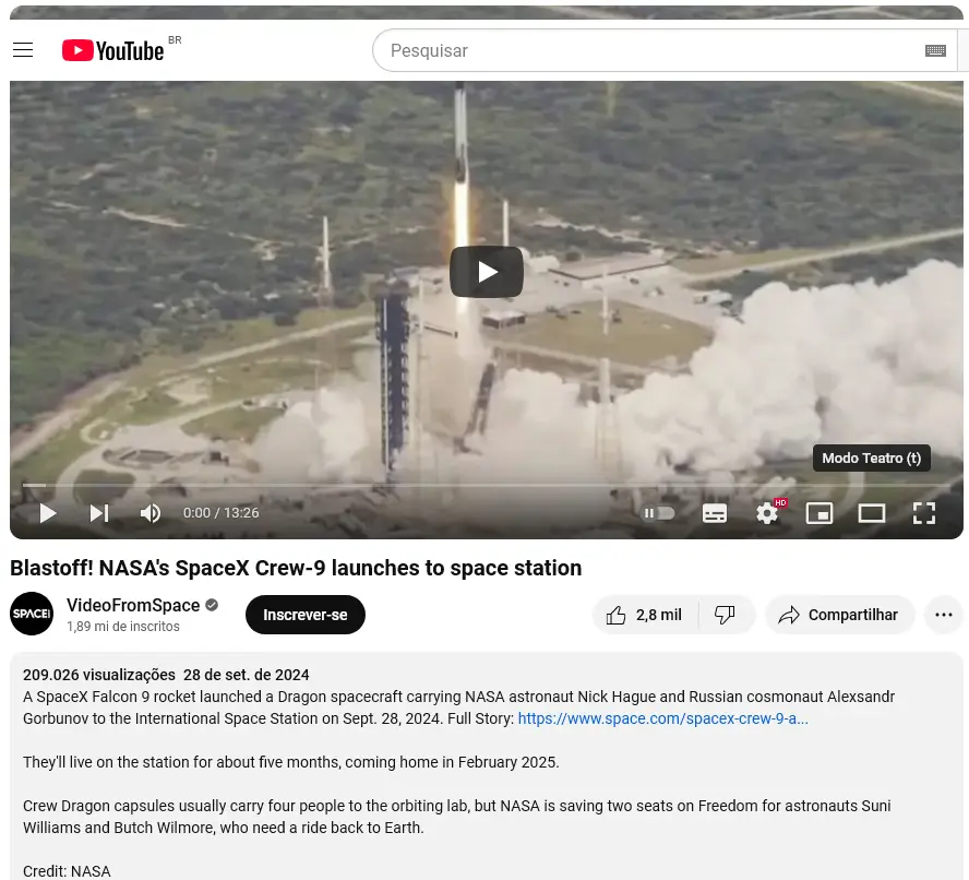 A YouTube video thumbnail shows a SpaceX Falcon 9 rocket launching with bright flames and smoke billowing from its engines…