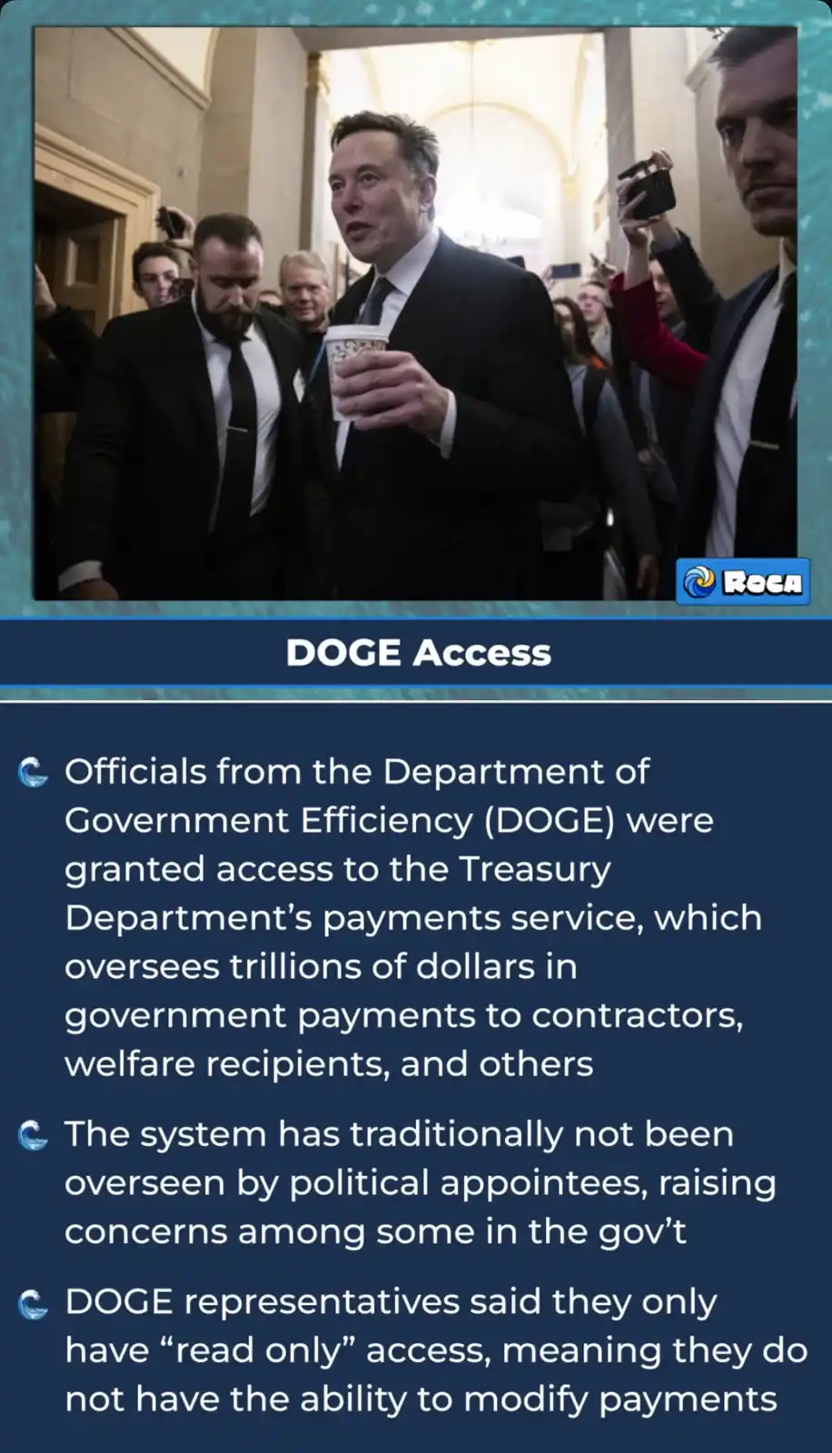 The image shows Elon Musk in a suit holding a coffee cup, surrounded by people in a formal building. Overlaid text…