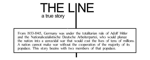 A black-and-white image displays bold text 'THE LINE' above a box containing a historical narrative about Nazi Germany from…