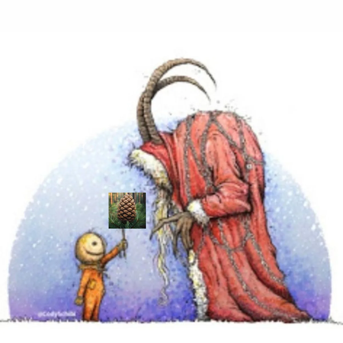 A small, orange, one-eyed cartoon figure holds up a pine cone toward a towering, horned, red-robed demonic figure with…