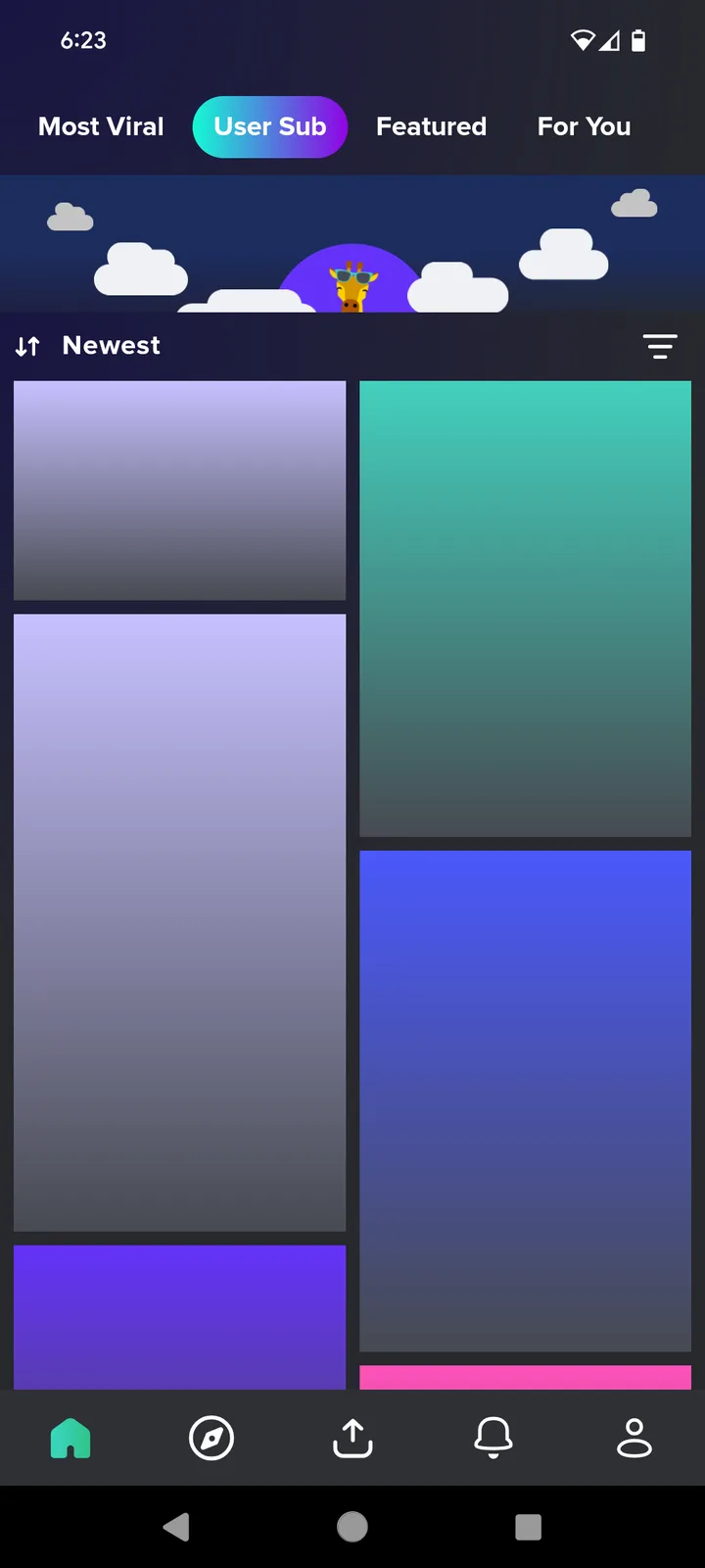 A screenshot of a mobile app interface showing a 'User Sub' tab with placeholder gradient rectangles for content, overlaid…