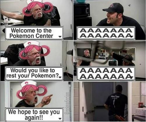 A six-panel meme showing a man in a Pokemon Center uniform with pink pigtails and a nurse hat, enthusiastically greeting…