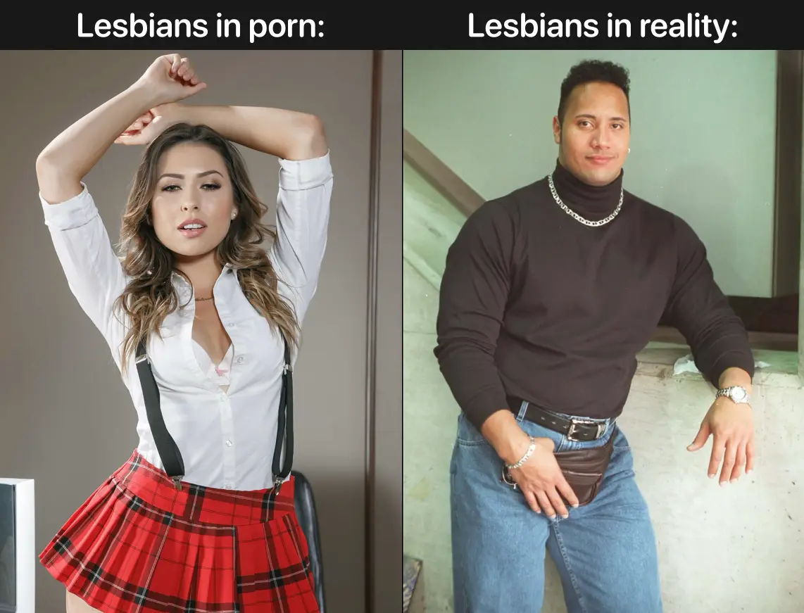The image is split into two panels. The left panel shows a woman in a white shirt, red plaid skirt, and suspenders posing…