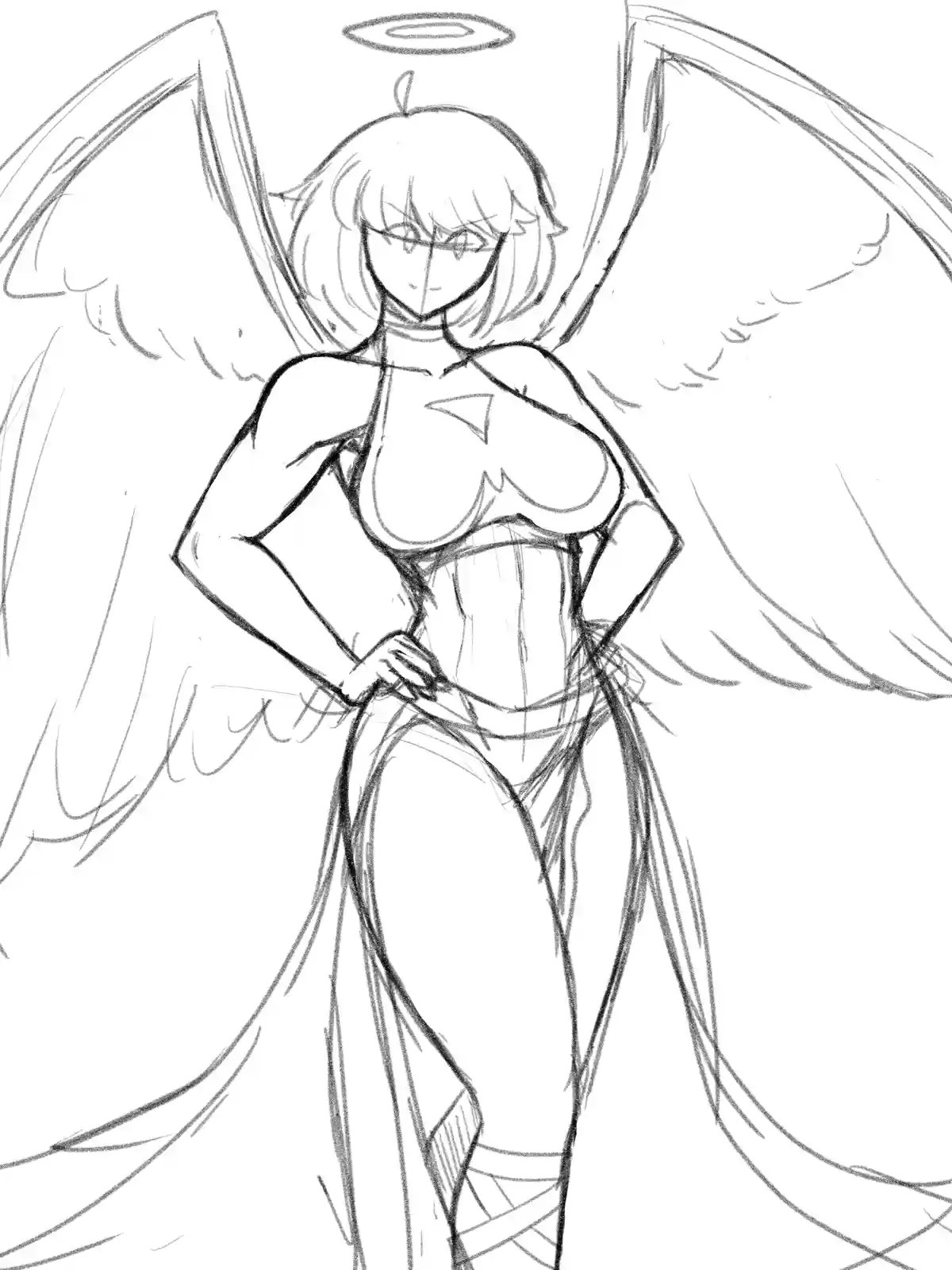 A black-and-white sketch depicts a female anime-style character with large, spread wings, a halo above her head, and a stern…