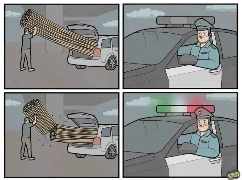 A four-panel comic strip shows a man struggling to load a large bundle of sticks into the trunk of a white SUV. In the…