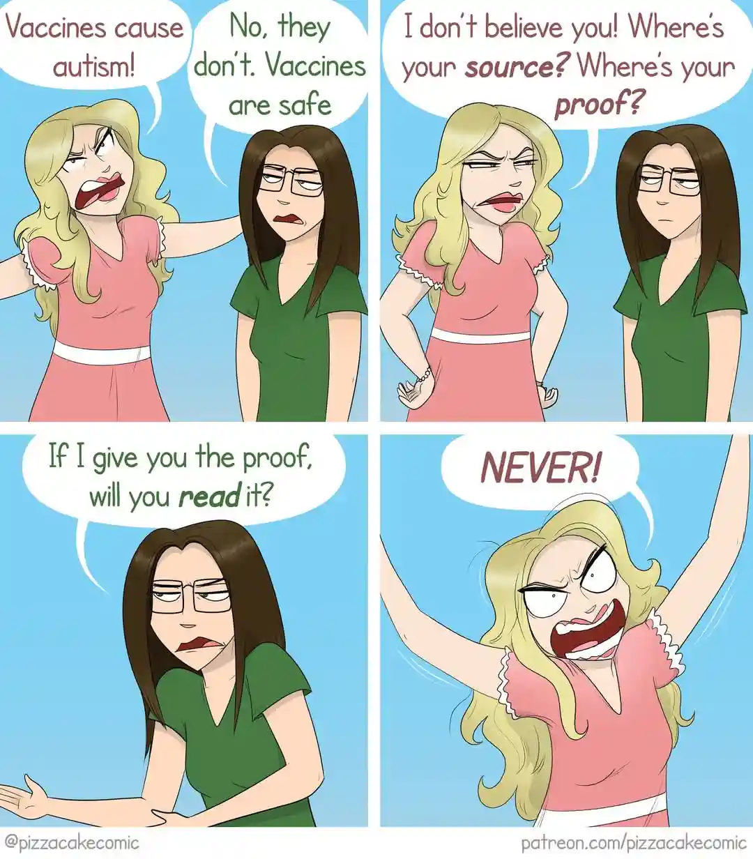 A four-panel comic shows a blonde woman angrily claiming vaccines cause autism, while a calm woman in glasses insists they…
