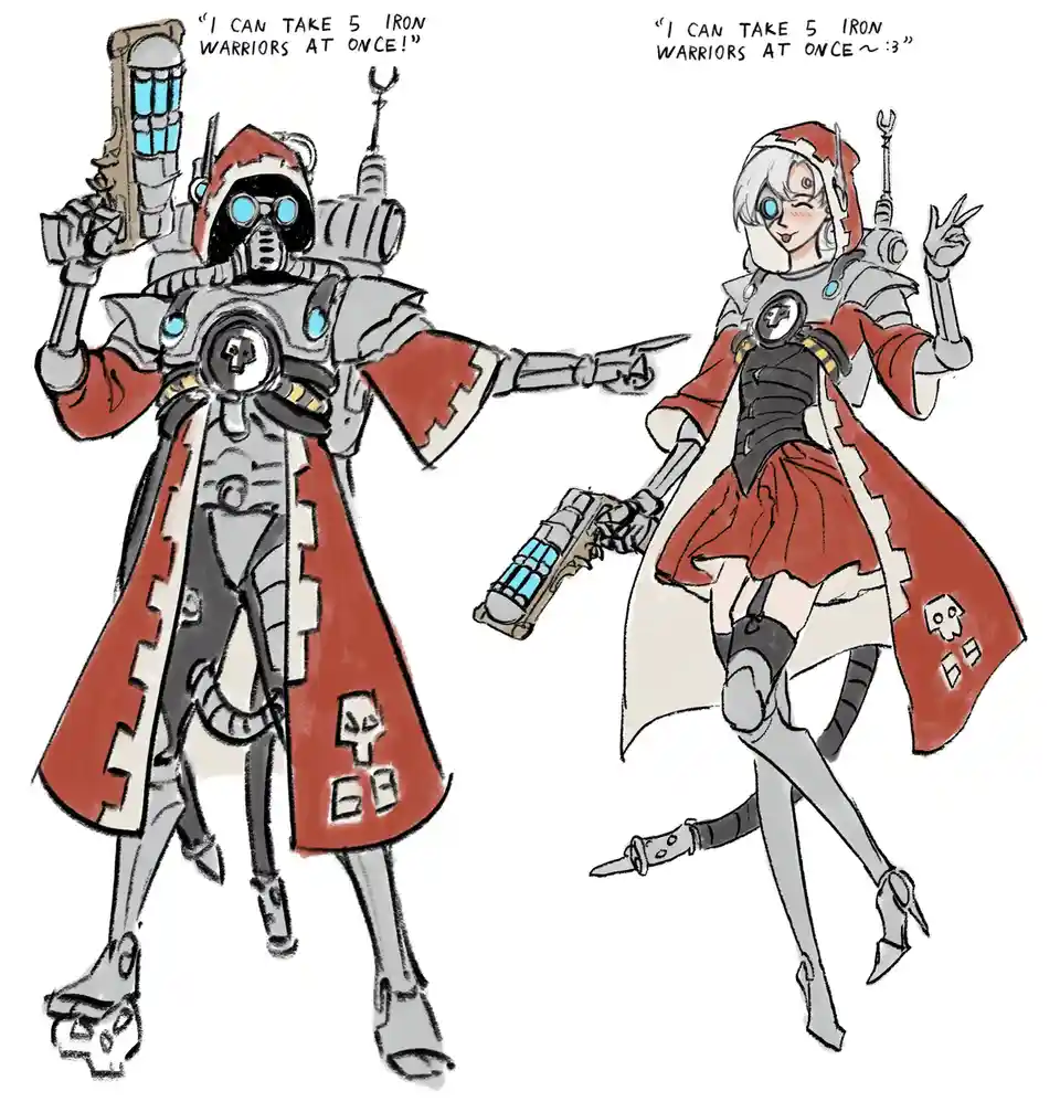 Two armored characters, one male and one female, both in red and grey gear with skull emblems, stand side by side. The male…
