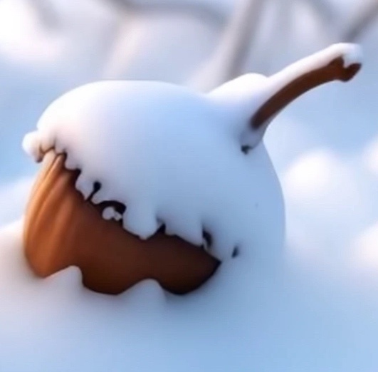 A close-up image of an acorn partially buried in snow, with its cap and stem visible above the white covering. The overlaid…