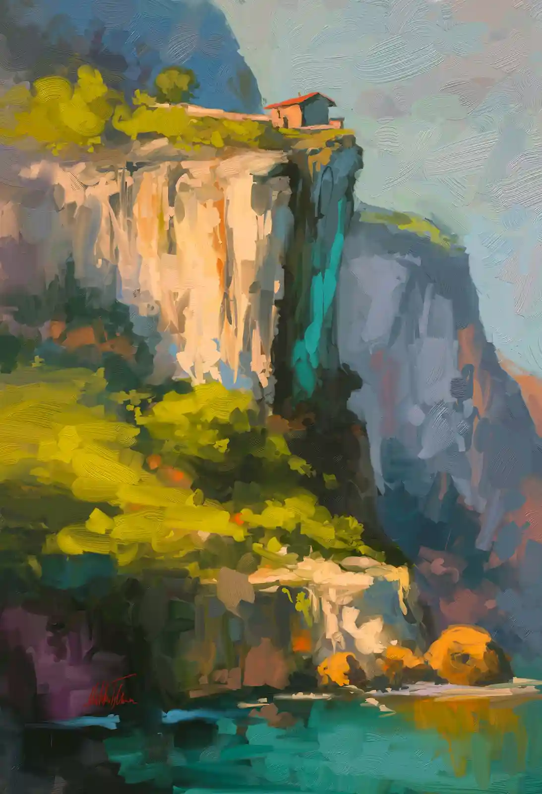 A vibrant, textured digital painting depicts a small house perched atop a sheer cliff overlooking a body of water, with lush…