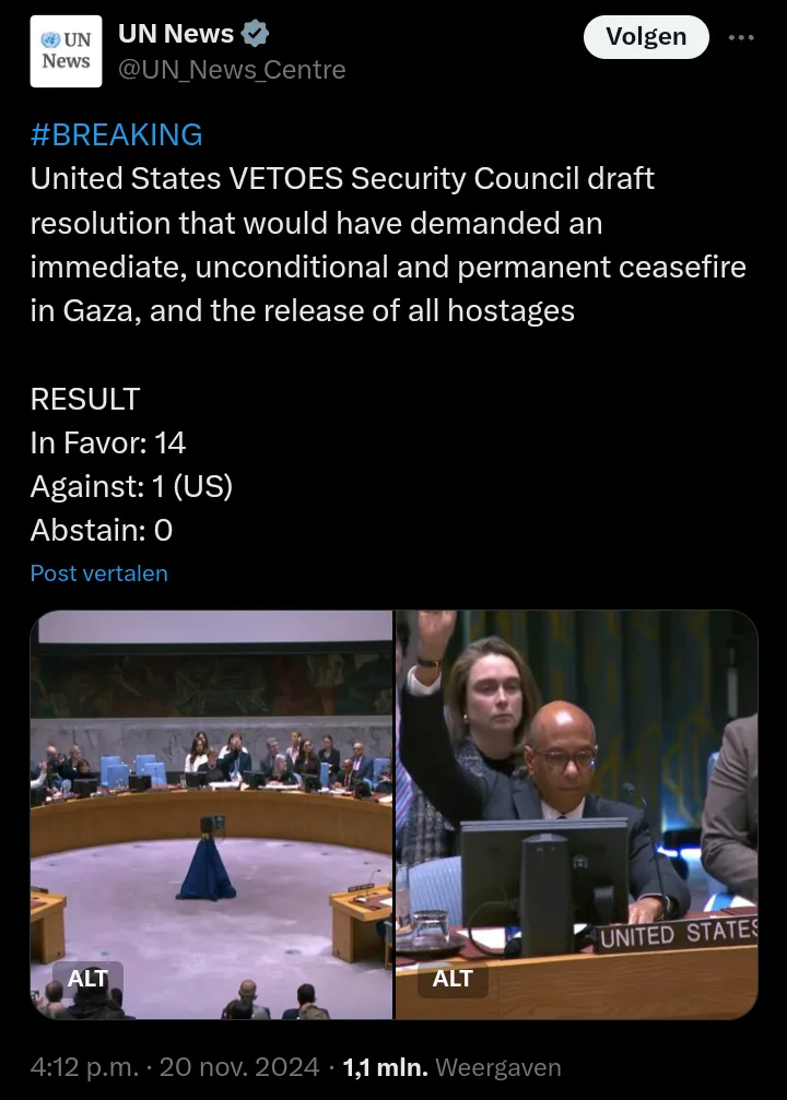 A screenshot of a UN News tweet showing a Security Council vote where the US vetoed a resolution for a ceasefire in Gaza…