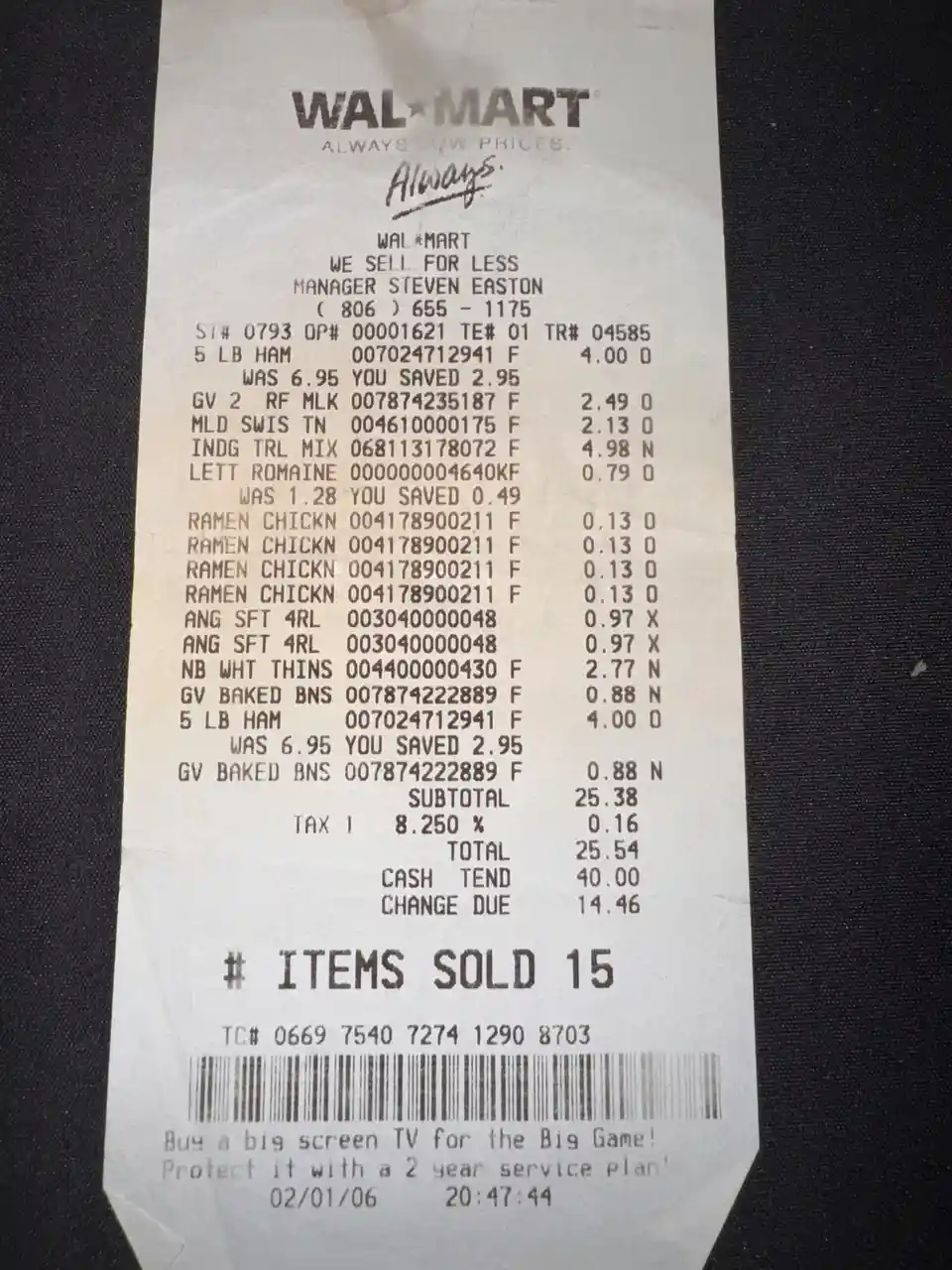 A Walmart receipt from February 1, 2006, showing a purchase of 15 items including ham, milk, and ramen chicken, with a…