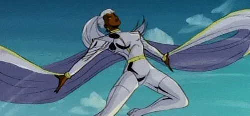 A six-panel animation shows a character in a white and purple costume flying through a blue sky with clouds. The character's…