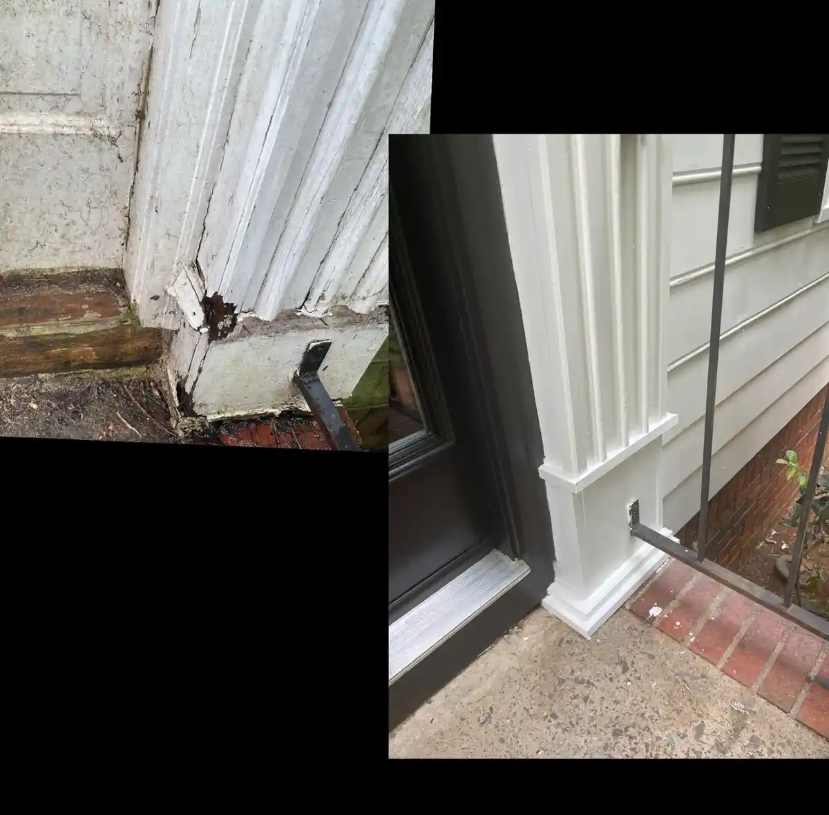 The image shows a side-by-side comparison: on the left, a severely damaged white door frame with rotting wood, peeling…