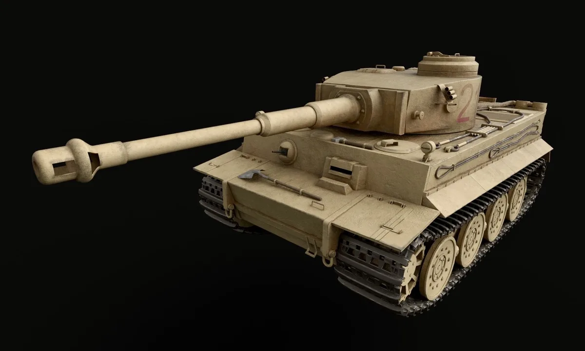 A detailed 3D model of a tan-painted German Tiger I tank, shown in profile against a black background, with the number '2'…