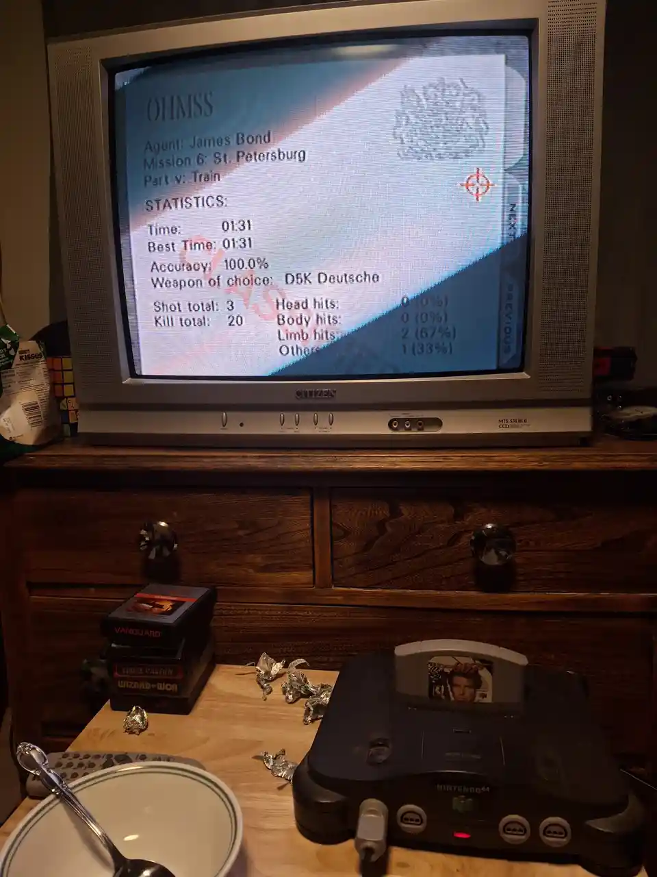 A Nintendo 64 console with the game '007: Ohmss' loaded, displaying a statistics screen for a mission where the player…
