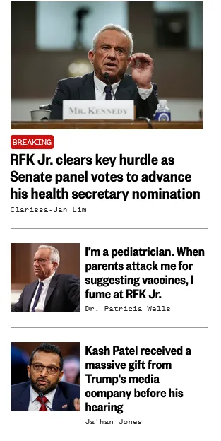 A screenshot of a news article with three headlines. The top headline reads 'BREAKING RFK Jr. clears key hurdle as Senate…