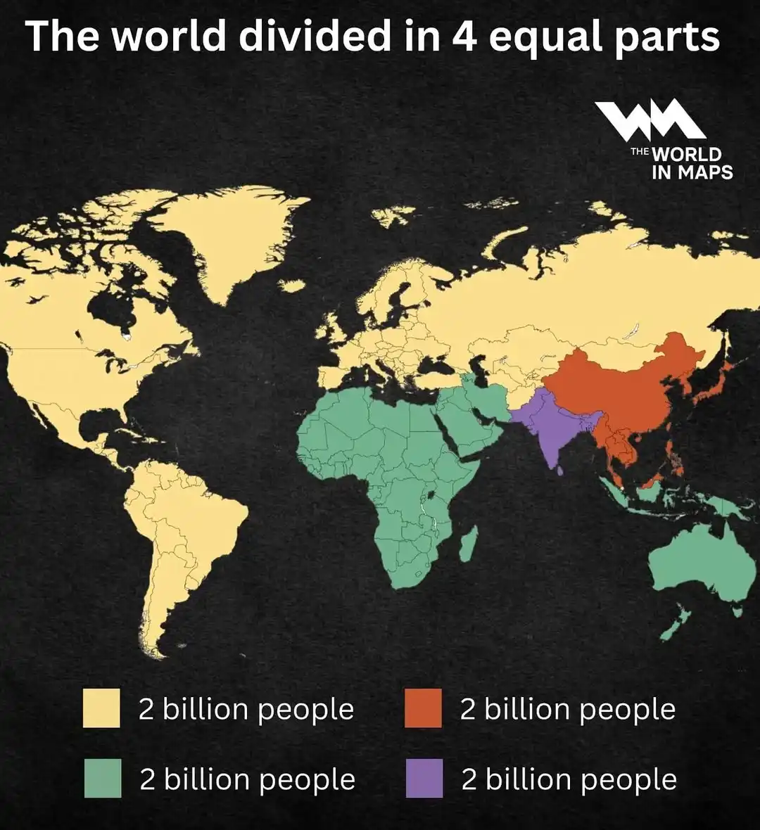 A world map divided into four colored regions — yellow (Americas), green (Africa), red (East Asia), and purple (South…