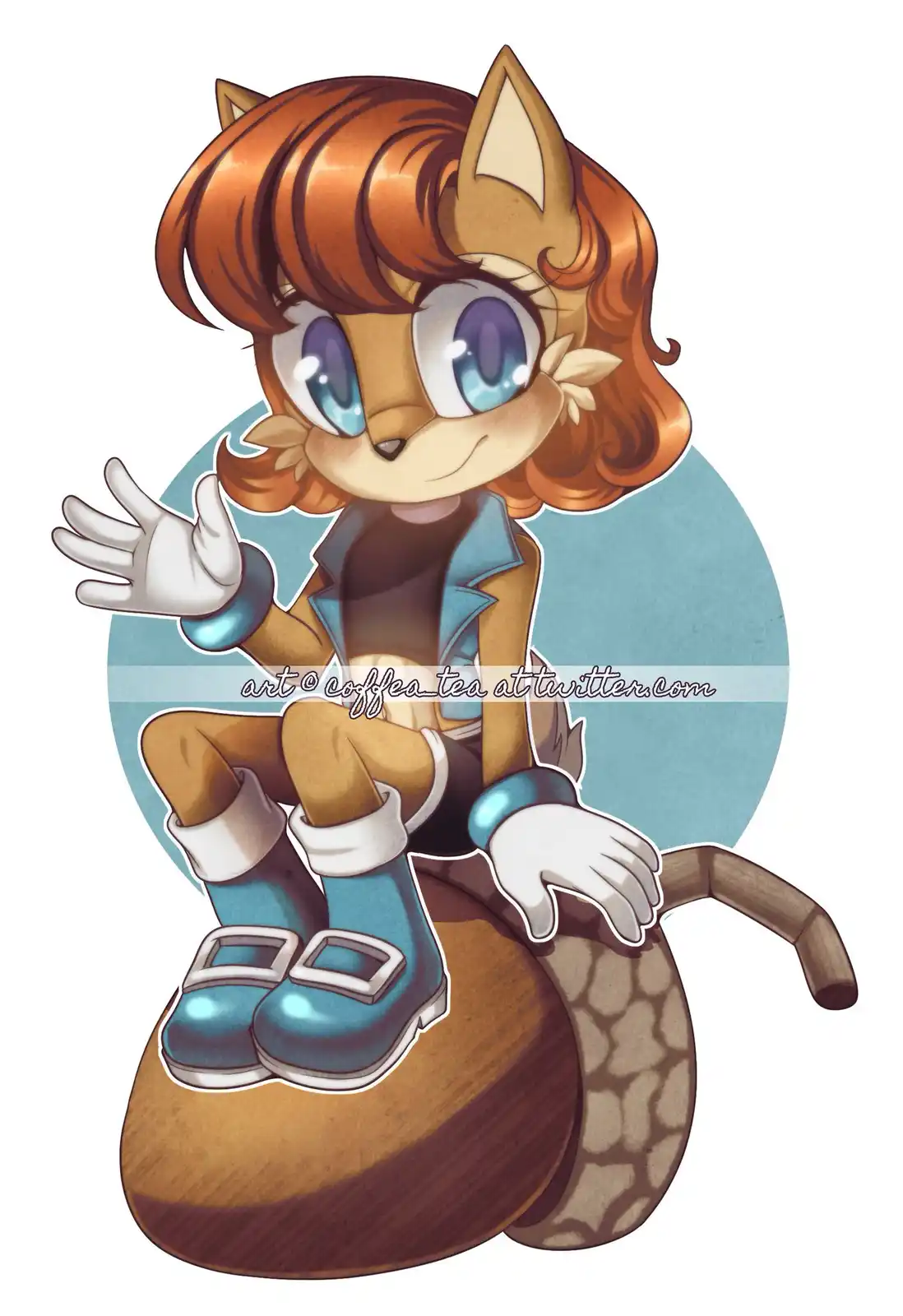 A chibi-style anthropomorphic fox with brown hair and blue eyes sits atop a large, patterned brown boot, waving cheerfully…