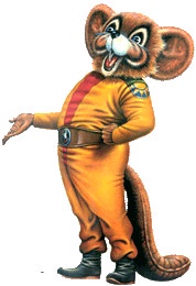 A cartoon mouse in a yellow jumpsuit with a red stripe, black boots, and a belt, standing with one hand on its hip and the…